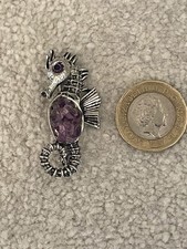 Vintage Seahorse Brooch with Purple Stone Silver Tone Costume Jewellery