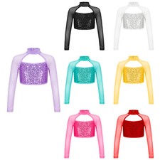 UK Girls Sequins Long Sleeve Crop Top Jazz Hip Hop Ballet Dance Tops Dancewear