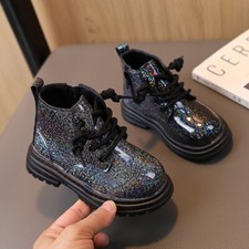 Girls Glitter Ankle Boots Warm Waterproof Boots Zip Lace-Up Winter Shoes Size