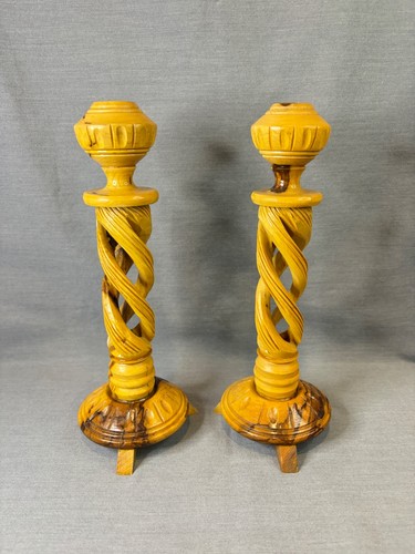Olive wood candlestick pair - candlestick,