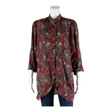 Vintage CHALOU Womens Printed Shirt Red High Neck 3/4 Sleeve 90s Floral M