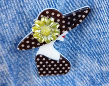 Acrylic Brooch Lady Brooch Brown Polka Dot Dress And Hat With Flower 