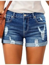Ladies High Waist Denim Shorts Stretch Ripped Casual Slim Fit Summer Jeans UK