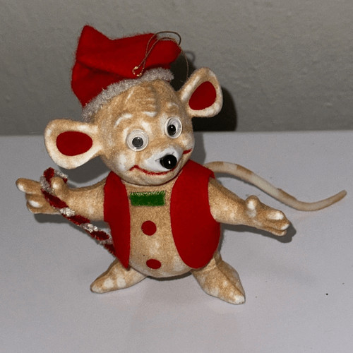 Vintage flocked plastic mouse - flocked,