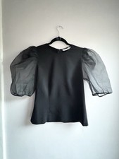 ZARA Black Puff Sleeve Organza Top Blouse Size S Sheer Party Evening