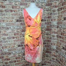Karen Millen Dress 12 Peach Pink Floral Pencil Fitted Knee Length Stretch Satin