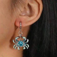 RETRO QUIRKY KITSCH silver turquoise blue CRAB CHARM drop EARRINGS leverback