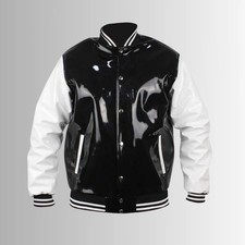 Handmade Black & White Vinyl PVC Varsity Jacket Shiny Baseball Letterman Jacket