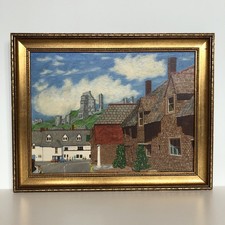 Corfe Castle English Town Vintage Naive Oil Painting