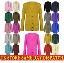 New Ladies Chunky Cable Knit Buttoned Granddad Cardigan  Long Sleeves Pockets