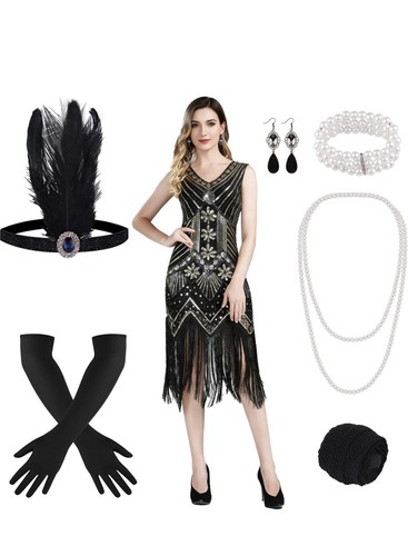 1920s neck black gold sequin - v,