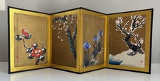 Vintage Small Folding Japanese Screen Byobu Hand Painted Four Seasons Floral 18"