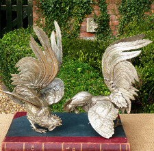 Vintage 2 Large Silver plate Bird Cockerel fighting cocks French Italian Heavy