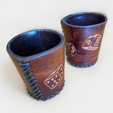2 Leather Dice Cups Shakers Vintage Embroidered Unique Rare Handmade Casino D&D