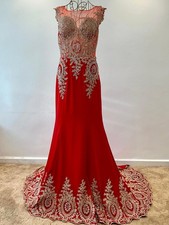 Red Embellished Evening Gown – Beaded Mermaid Dress with Train (UK 10–12)