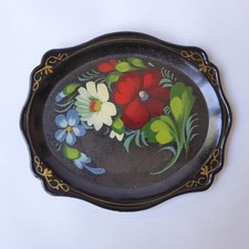Vintage USSR Soviet Russian Lacquer Ware small tray, black & gold flowers 1970s