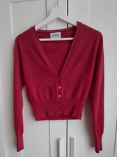 Brora Scotland 100% Cashmere Cropped Cardigan Raspberry  Long Sleeved Size UK 10