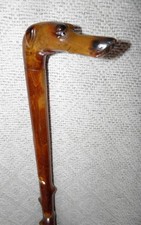 Antique Briar Walking Stick / Cane Hand-Carved Greyhound Dog Top With Glass Eyes