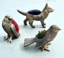 3 x Antique Animal Pin Cushions Parrot Chick & Dog - Estate Clearance