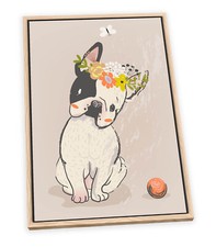 Cute French Bulldog Floral Beige CANVAS FLOATER FRAME Wall Art Picture Print