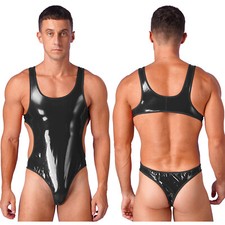 Men Bodysuit One-Piece High Cut Thongs Leotard Deep U-Neck Shiny PVC Jumpsuit X1