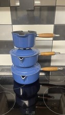 LE CREUSET  Pan Set BLUE - 3 Saucepans & 2 x lids  cast iron 16, 20 & 22 CMs VGC