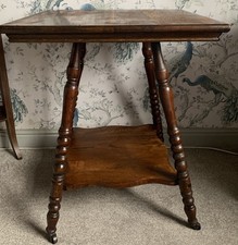 Antique Oak Parlour Square Side Table Turned Bobbin legs, shelf , castor wheels