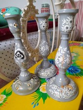 NKUKU INDIAN CANDLESTICKS X3. GREY PAINTED. IAN SNOW. BOHO FLORAL. USED.