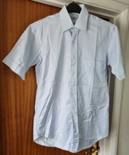 Mens size 15.5" Alain Figaret shirt short sleeved pale blue striped formal
