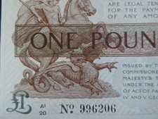 A/1 PREFIX 1923 WARREN FISHER TREASURY (GB/ENGLAND) £1 BANKNOTE ORIGINAL GVF
