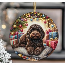 Chocolate Cockapoo Christmas Tree Ornament, Ceramic Double-Sided Print, Gift Bag