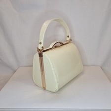 Cream Patent Classic Top Handle Embellished Evening Clutch Bag