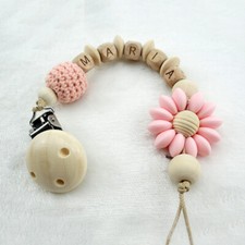Personalised Name Silicone Dummy Clip Wood Flower Pacifier Chain Strap Gifts New