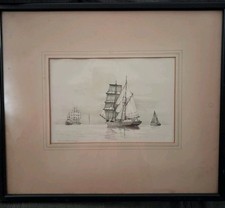 Samuel John Milton Brown (1873-1965) Pencil drawing. Tug Boat & Shipping In Bay