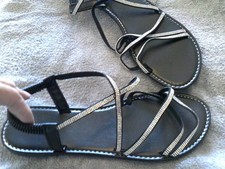 size uk 7, eur 41, flat, strappy, sandals, black and diamante, bling