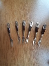 Vintage Set of 6 Siam Cocktail Forks wood &brass Featuring a Sitting Buddha