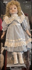 Rare Alberon Collector’s Porcelain Doll Blonde Curls, Blue Stripe Dress, Boxed ✨
