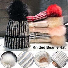 Fashion Winter Lady Knitted Beanie Hat Diamond Faux Fur Pom Pom Bobble Hat Warm