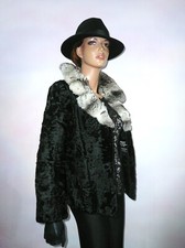 Vintage Real Chinchilla Fur Swakara Lamb Jacket Coat Black Grey Mink 8 - 10 / S