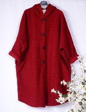 Lagenlook Italian Coat Boucle Burgundy/Red Pockets Arty Hood 16 18 20 22 - B93