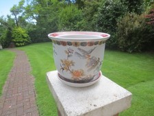 Chinese Bird Decorated Jardiniere Planter Plant Pot & Saucer 12" wide