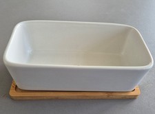 Two white ceramic cactus planters with bamboo tray 17x9cms. Used, vgc, set of 2