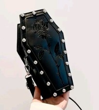 Coffin Shaped Black Handbag, Embellished Rose Design, Goth Emo Alternative Bag