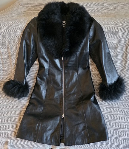 Black leather coat fur collar - coat,