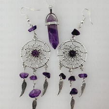 Amethyst Necklace and Earring Set Obelisk Dreamcatcher 925 Sterling Silver