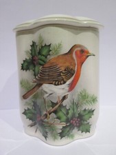 Vintage Royal Worcester Palissy Small Ceramic Jar Christmas Robin & Holly