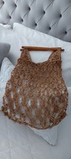 Vintage Retro Jute String Shopping Bag With Wooden Handles Festival Boho Chic