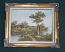 J. HALL Lakeside Cottage Landscape SIGNED / Oil Painting FRAMED