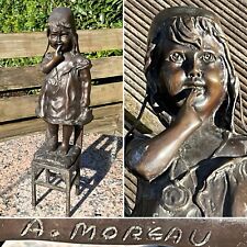 RARE LARGE 17” AUGUSTE MOREAU BRONZE GIRL STANDING ON CHAIR SHOE IN HAND SIGNED
