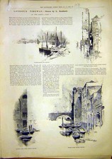 Original Old Antique Print London Tideway Ships Hammersmith Thames Wharf Bridge